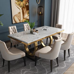 轻奢简易大理石面长方形餐桌椅子组合家用小户型网红ins客厅饭桌