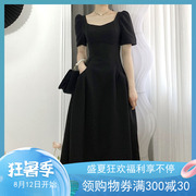 小个子001显瘦大摆连衣裙，潮黑色拼接短袖通勤高腰白色韩版常规