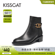接吻猫靴子冬季金属，k扣短靴加绒保暖真皮，中粗跟时装骑士靴女