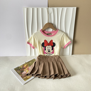 女童短袖套装欧美范女宝宝套头T恤+褶皱短裙洋气米妮卡通套装夏季
