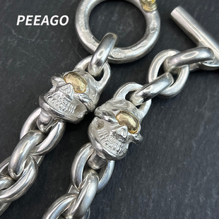 PEEAGO高山隆StopLight双骷髅头18K点金宝石手链纯银黄金镶嵌