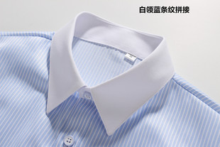 女式正装领白领，蓝色条纹长袖衬衫，方领条纹工作服职业装衬衣