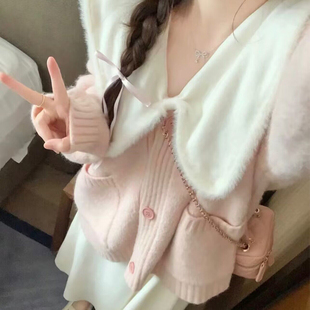 杏色小香风毛领长袖连衣裙女2024秋冬高级感粉色毛衣外套长裙套装