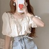 韩国chic夏季设计感小众蕾丝边方领白色灯笼袖衬衫薄款短袖娃娃衫