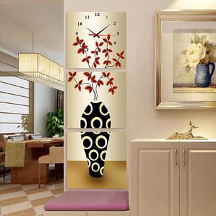 无框画挂钟三联画钟表创意艺术时针客厅玄关装饰画竖版抽象花瓶