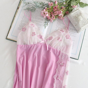 日本risamagli吊带睡裙，性感睡衣少女花朵冰丝，显瘦粉蓝色镂空801