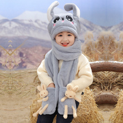 儿童帽子一捏会动的兔耳朵帽围巾一体秋冬季可爱保暖亲子连帽围脖
