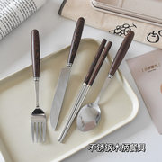 复古韩国ins不锈钢叉勺子筷子套装西餐餐厅鸡翅木木柄餐具家用