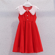 女童雪纺连衣裙夏装洋气儿童中大童小女孩夏季学院风红色背心裙子