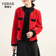 娅丽达冬季女上衣时髦红色小香风短款仿皮草外套洋气复古时尚上衣