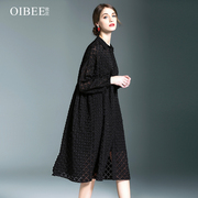 oibee欧芘2023春季宽松大码显瘦中长款连衣裙，七分袖衬衫裙