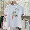 新中式国风盘扣白色短袖T恤女夏季设计感撞色烫钻印花上衣潮