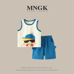 法国MNGK男童夏套装宝宝背心两件套儿童小童运动服男孩多巴胺衣服