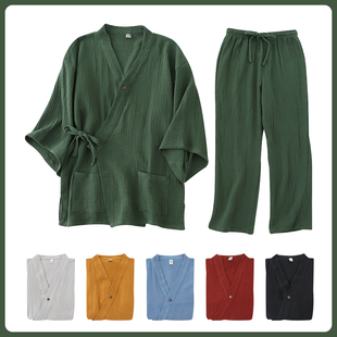 墨绿双层棉纱中式汉服家居服，宽松大码长裤，男女宽松可外穿纯棉睡衣