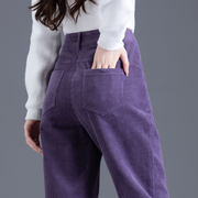 紫色灯芯绒裤子女秋冬季2024加绒条绒裤女士，休闲裤宽松哈伦萝卜裤