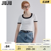 jiujiu撞色t恤女短袖2023夏季设计感小众显瘦辣妹风短款上衣
