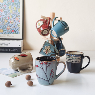 陶瓷马克杯浮雕家用日式陶瓷杯子，情侣水杯复古个性女生咖啡杯微瑕