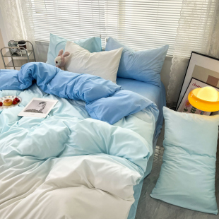 水洗棉马卡龙渐变色，床上四件套简约1.5米蓝色，个性被套床单三件套4