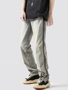美式复古灰色高街潮裤vibe风，牛仔裤男全侧边拉链设计感微喇直筒裤