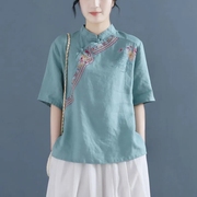 立领重工刺绣夏季民族风，上衣中式女装复古风短袖，衬衫女宽松上衣潮