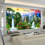 电视背景墙壁纸迎客松壁画，山水中式客厅，装饰影视墙布流水生财