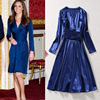 凯特王妃法式v领金丝绒，礼服蓝色系带收腰大摆长袖连衣裙2024