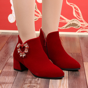 结婚鞋子冬季女短靴中跟秀禾婚纱两穿新娘鞋中式红色加绒冬天红鞋