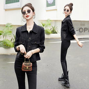 黑色美式常规短款牛仔外套，女2023春秋，韩版宽松百搭显瘦