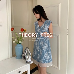 theoryfresh法式甜美蕾丝拼接欧根纱设计v领无袖连衣裙2024夏季