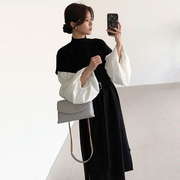 韩国chic秋冬法式立领黑白拼接灯笼袖系带收腰假两件针织连衣裙女