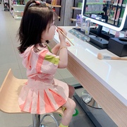 G2023夏季童装女童韩版连帽运动套装儿童学院风短袖+短裙套装