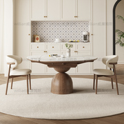 法式复古实木圆桌伸缩岩板餐桌方变圆小户型现代简约别墅实木餐桌