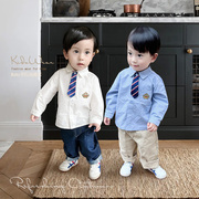 男童领带长袖衬衣2024韩版学院风衬衫宝宝，洋气秋装上衣潮