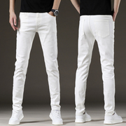 夏季薄款白色牛仔裤男士潮牌直筒，修身小脚黑色破洞高端纯白色裤子
