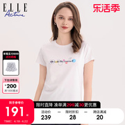 ELLE Active印花白色短袖女夏季2024正肩修身显瘦别致上衣t恤