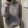 帅气廓形 漂亮的不对称麻花设计 羊绒衫双层半高领灰色纯羊绒毛衣