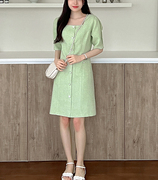 韩国大码女装2024春装时尚方形领排扣淑女收腰连衣裙特52