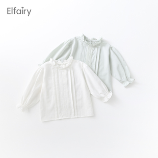 elfairy女童花边衬衣宝宝春装，纯棉公主风上衣儿童，娃娃衫白色衬衫