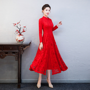 加绒旗袍大红色连衣裙2023年气质高端蕾丝中式春秋装婚宴礼服