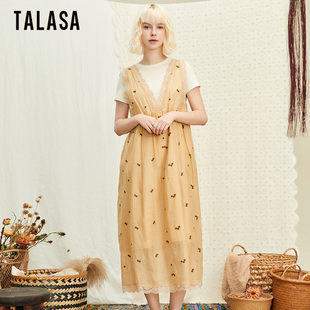 talasa商场同款丝棉刺绣假两件连衣裙，2024夏设计(夏设计)文艺气质长裙