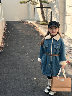 冬季款女童韩版气质中长款加绒加厚大衣，儿童牛仔外套宝宝保暖棉服
