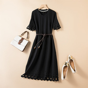 西班牙单春夏装纯色，修身圆领镂空短袖，连衣裙气质款花边显瘦黑裙