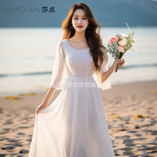 圆领连衣裙夏季女白色雪纺蕾丝，裙到脚踝长裙海边度假沙滩裙
