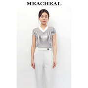 meacheal米茜尔春夏，时尚休闲海军，条纹镂空v领针织衫