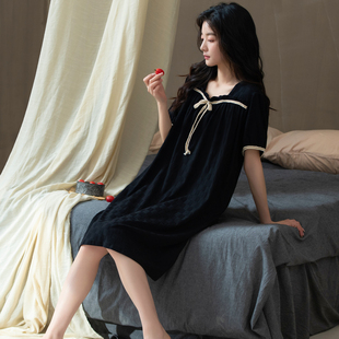 睡裙女夏季黑色格子短袖，网红可爱甜美风，轻薄款纯棉睡衣公主连衣裙