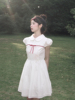 南西红丝带蕾丝花边娃娃领连衣裙短袖2023夏季白色初恋裙