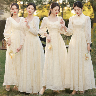 香槟色伴娘服长款2024春季结婚姐妹裙伴娘团仙气质长袖礼服裙