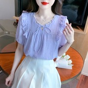 紫色雪纺衬衫女夏季v领泡泡袖宽松短袖，上衣薄款时尚百搭衬衣