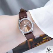 小表盘手表灰色系GUOU石英表水钻带带价手表古欧香港真皮日历