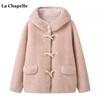 拉夏贝尔/La Chapelle粉色牛角扣羊羔毛外套女秋冬季皮毛一体大衣
